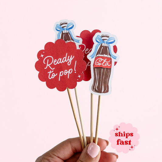 She's Ready to Pop, Blue Soda Baby Shower Cupcake Toppers