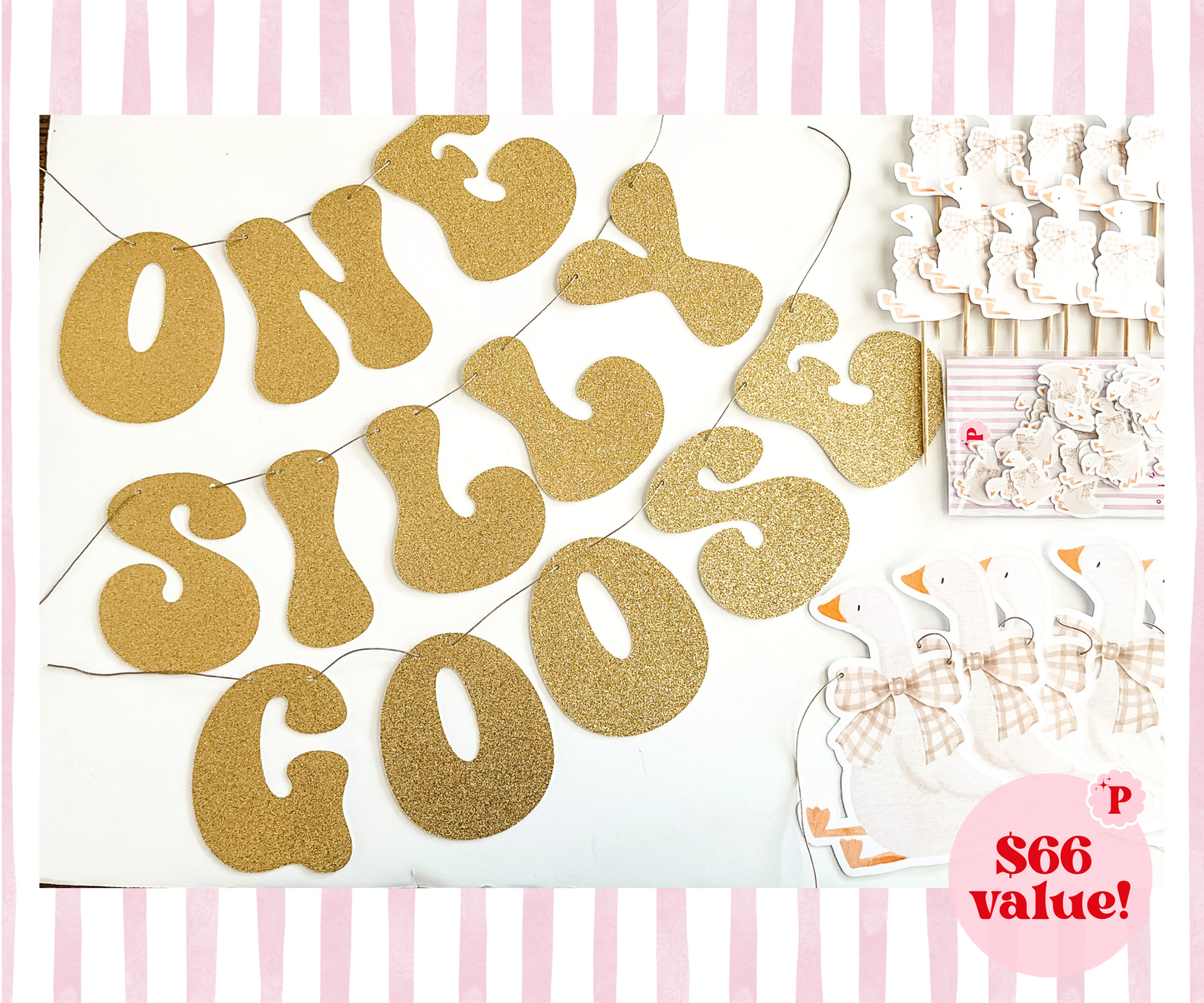 One Silly Goose 1st Birthday, Neutral Gingham- Pretty Party Kit