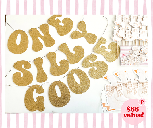 One Silly Goose 1st Birthday, Neutral Gingham- Pretty Party Kit