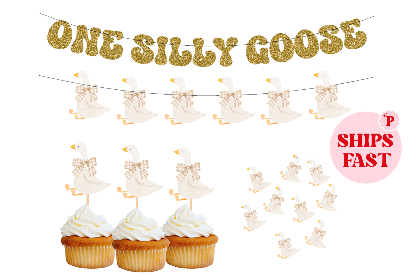 One Silly Goose 1st Birthday, Neutral Gingham- Pretty Party Kit