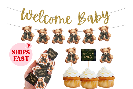 Luxury Teddy Bear Baby Shower Decorations, Plaid Bear Theme - Pretty Party Kit